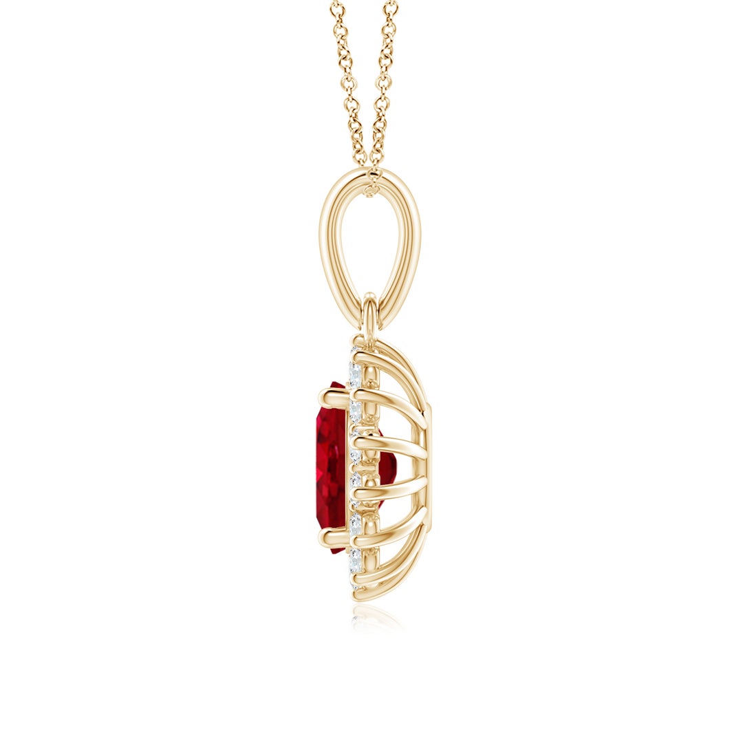 8x6mm AAA Oval Ruby Pendant with Floral Diamond Halo in Yellow Gold - side 3