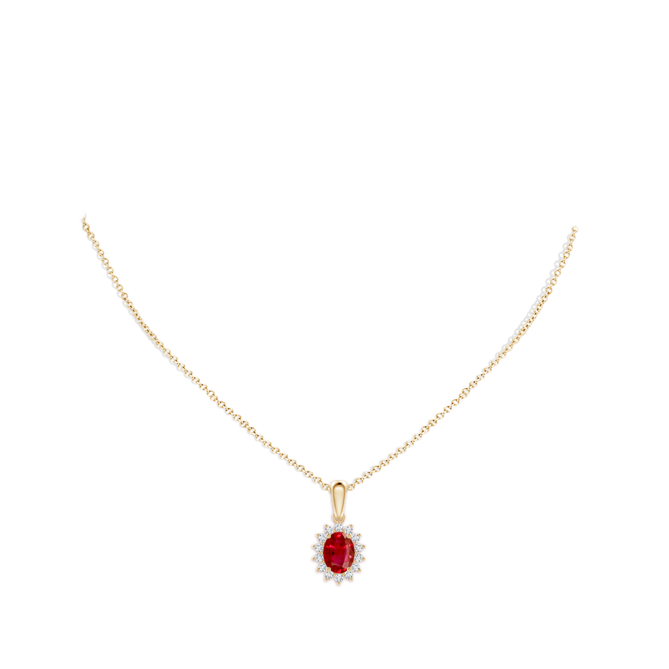 8x6mm AAA Oval Ruby Pendant with Floral Diamond Halo in Yellow Gold pen