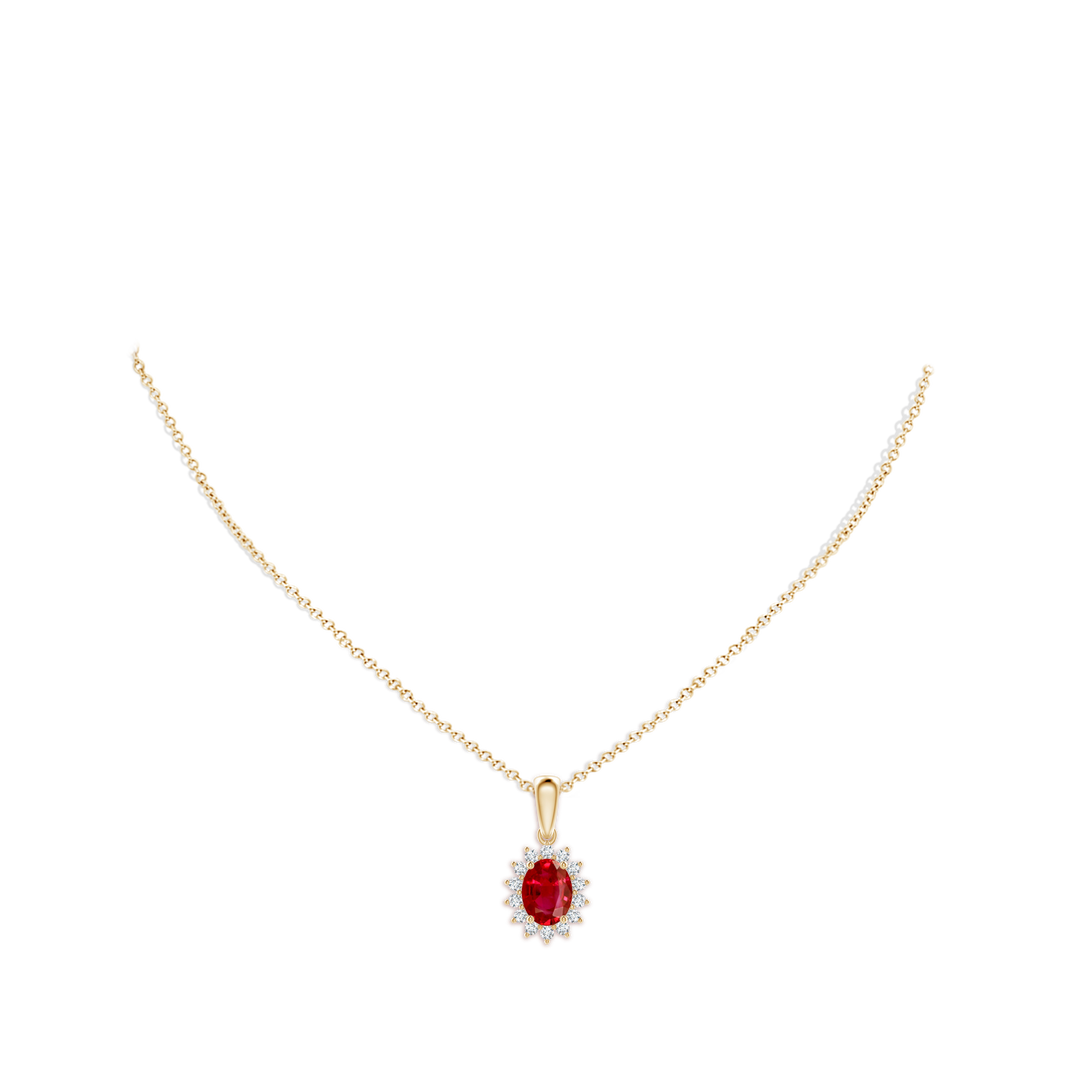8x6mm AAA Oval Ruby Pendant with Floral Diamond Halo in Yellow Gold - body_neck