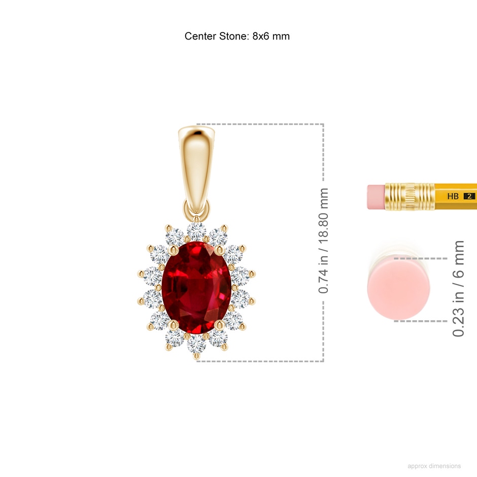 8x6mm AAAA Oval Ruby Pendant with Floral Diamond Halo in Yellow Gold ruler