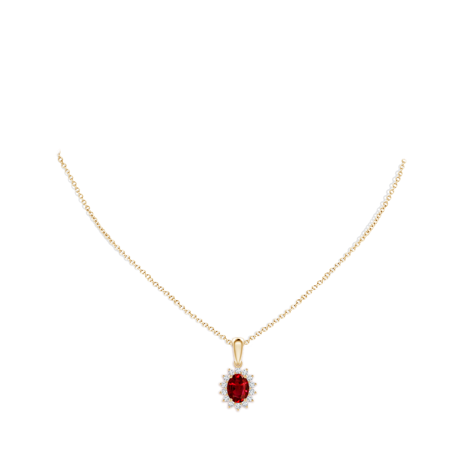 8x6mm AAAA Oval Ruby Pendant with Floral Diamond Halo in Yellow Gold pen