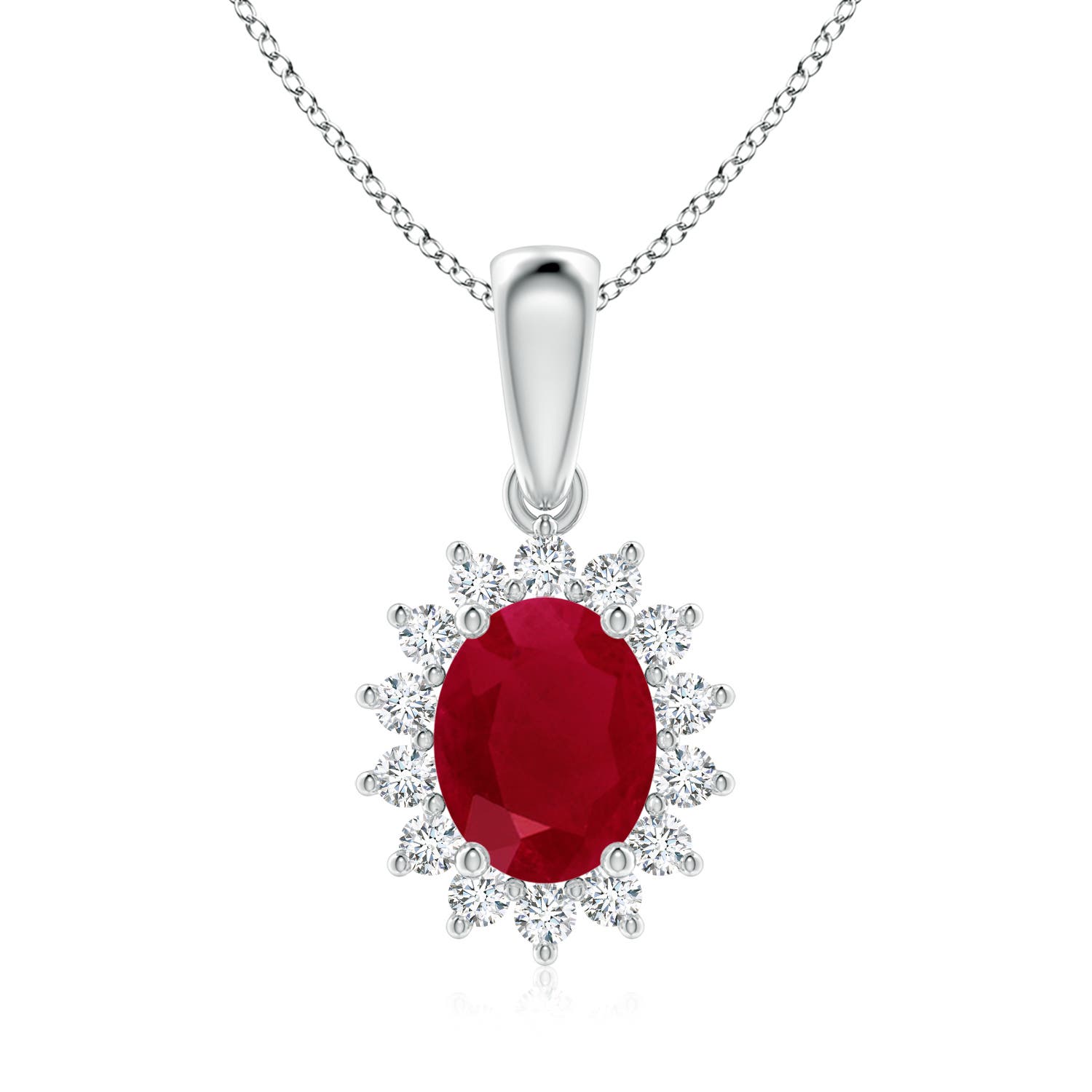 9x7mm AA Oval Ruby Pendant with Floral Diamond Halo in P950 Platinum
