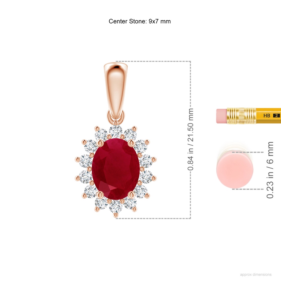 9x7mm AA Oval Ruby Pendant with Floral Diamond Halo in Rose Gold ruler