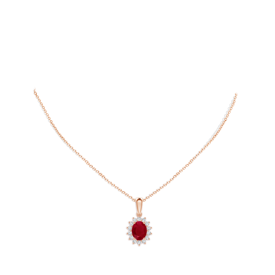9x7mm AA Oval Ruby Pendant with Floral Diamond Halo in Rose Gold pen