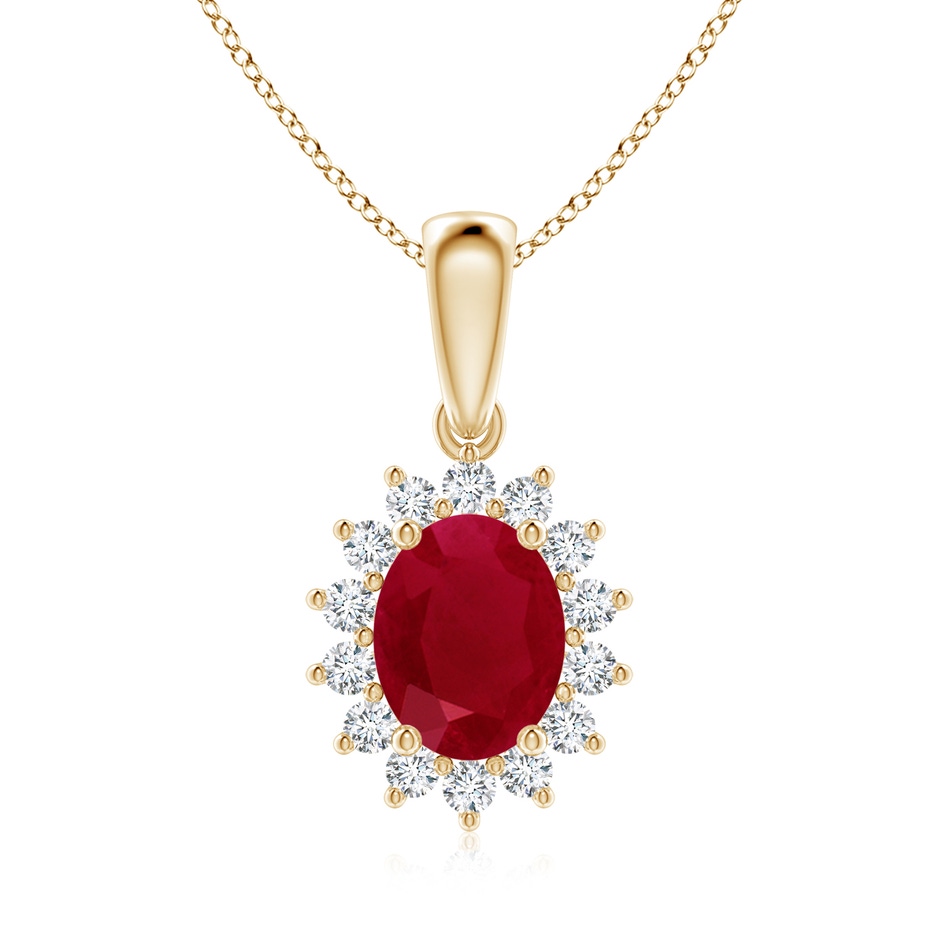 9x7mm AA Oval Ruby Pendant with Floral Diamond Halo in Yellow Gold 