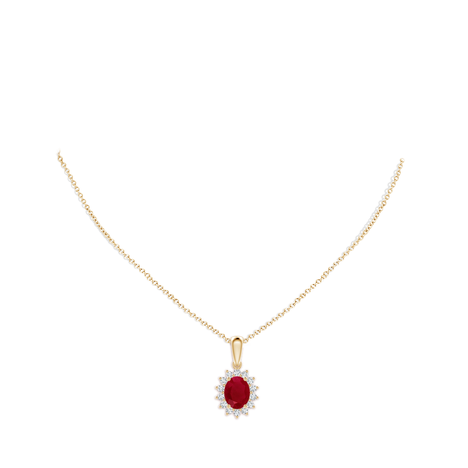 9x7mm AA Oval Ruby Pendant with Floral Diamond Halo in Yellow Gold pen