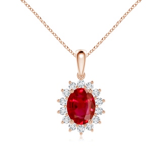 9x7mm AAA Oval Ruby Pendant with Floral Diamond Halo in 18K Rose Gold