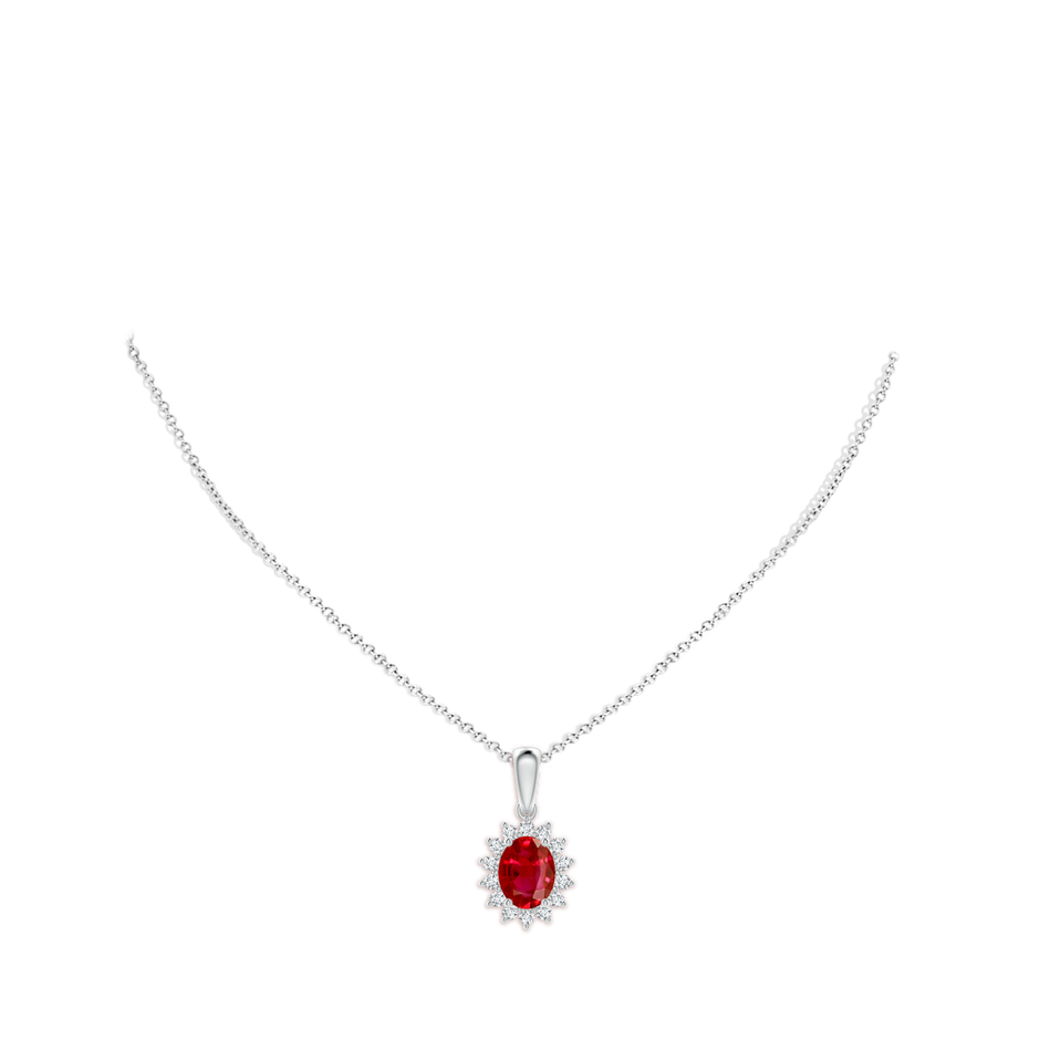 9x7mm AAA Oval Ruby Pendant with Floral Diamond Halo in P950 Platinum pen