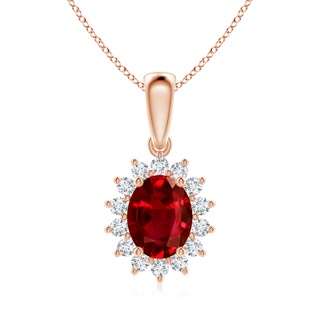 9x7mm AAAA Oval Ruby Pendant with Floral Diamond Halo in 10K Rose Gold