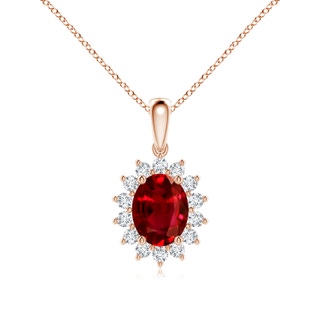 9x7mm AAAA Oval Ruby Pendant with Floral Diamond Halo in Rose Gold