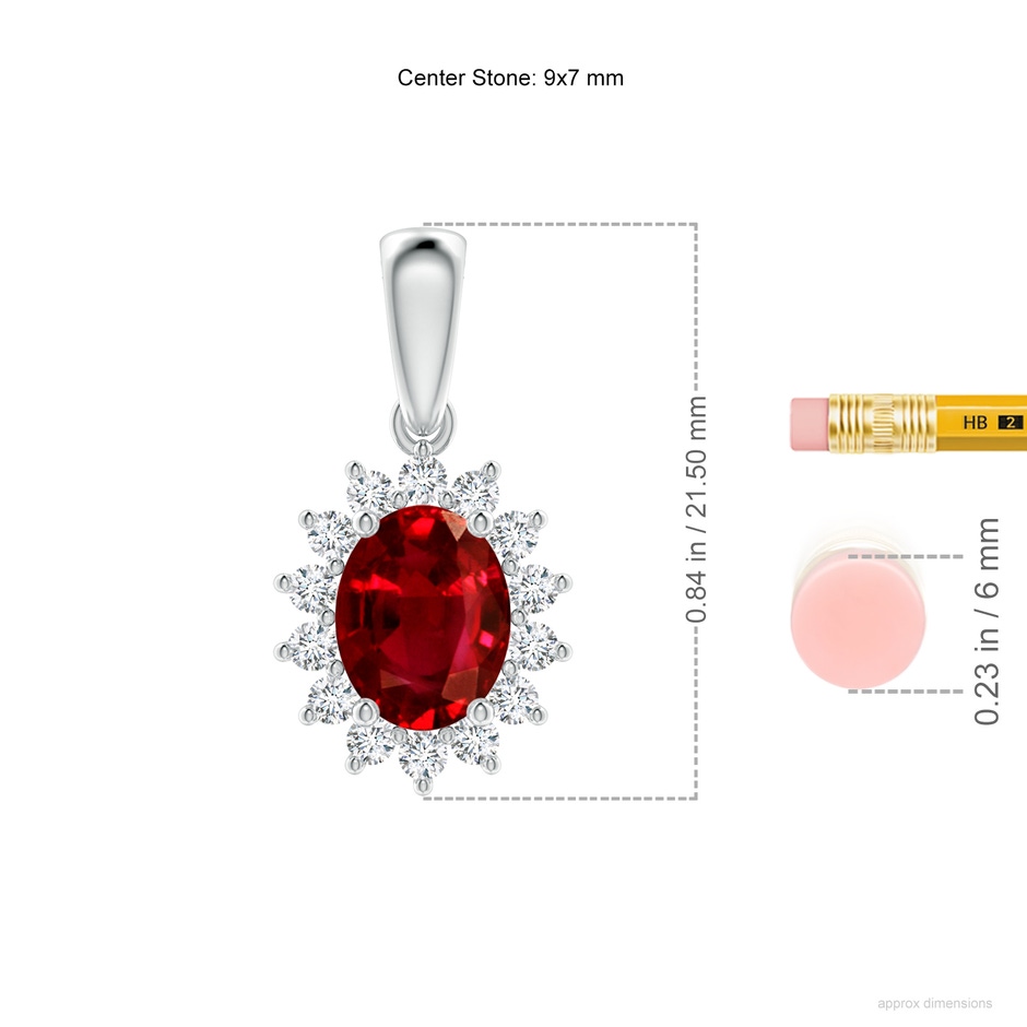 9x7mm AAAA Oval Ruby Pendant with Floral Diamond Halo in White Gold ruler