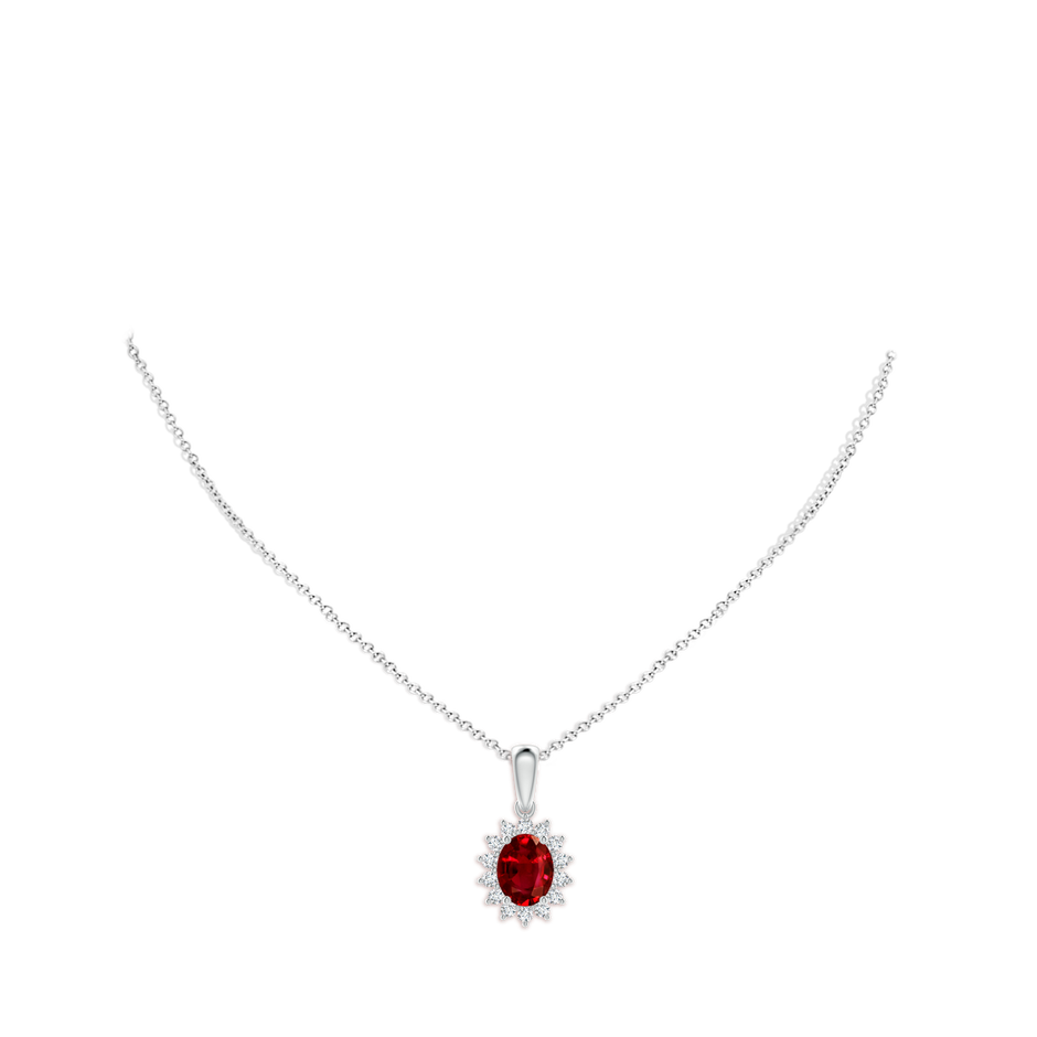 9x7mm AAAA Oval Ruby Pendant with Floral Diamond Halo in White Gold pen