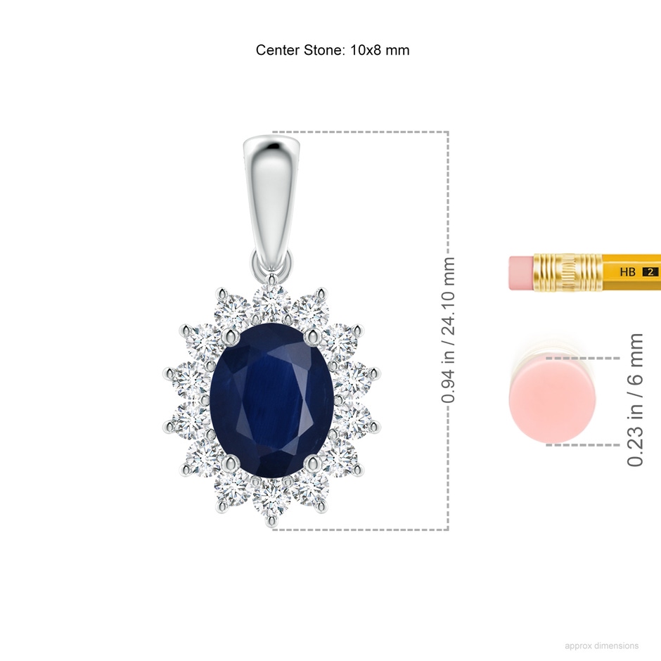 10x8mm A Oval Sapphire Pendant with Floral Diamond Halo in White Gold ruler