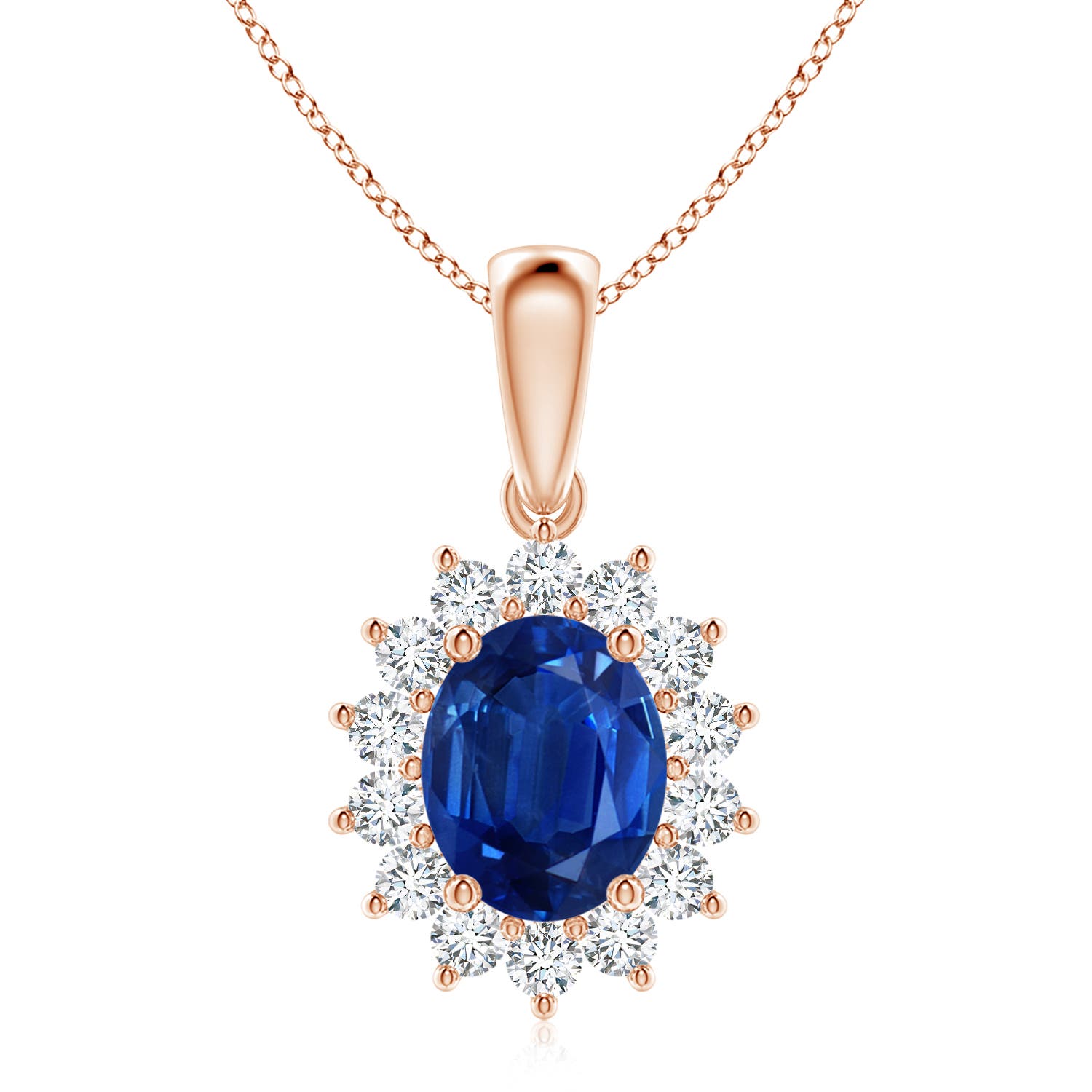 10x8mm AAA Oval Sapphire Pendant with Floral Diamond Halo in Rose Gold