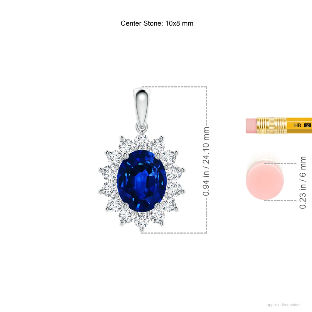 10x8mm AAAA Oval Sapphire Pendant with Floral Diamond Halo in P950 Platinum ruler