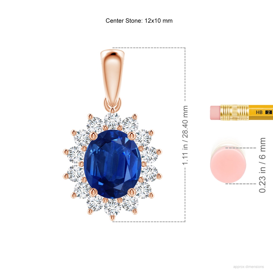 12x10mm AAA Oval Sapphire Pendant with Floral Diamond Halo in Rose Gold ruler