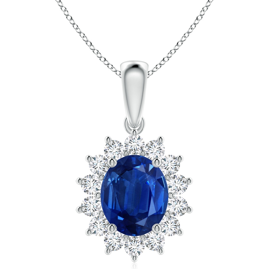 12x10mm AAA Oval Sapphire Pendant with Floral Diamond Halo in White Gold 