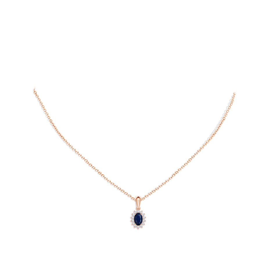 6x4mm A Oval Sapphire Pendant with Floral Diamond Halo in Rose Gold pen