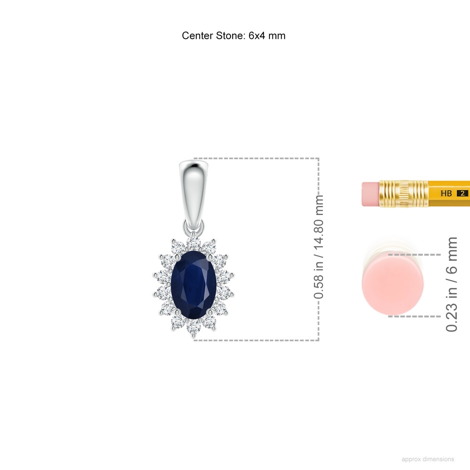 6x4mm A Oval Sapphire Pendant with Floral Diamond Halo in White Gold ruler
