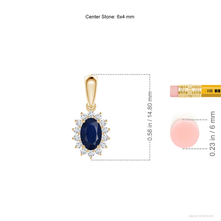 6x4mm A Oval Sapphire Pendant with Floral Diamond Halo in Yellow Gold ruler