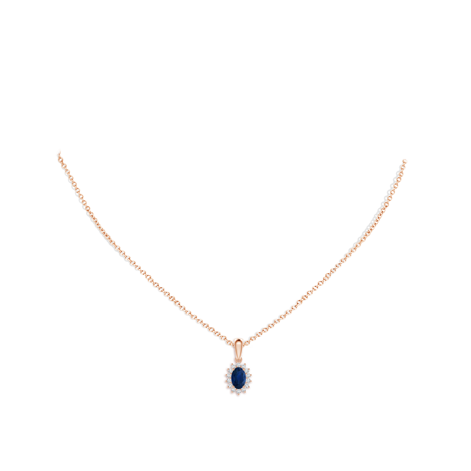 6x4mm AA Oval Sapphire Pendant with Floral Diamond Halo in Rose Gold pen