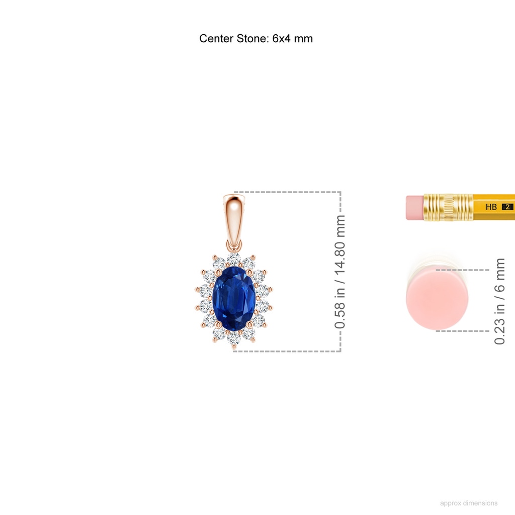 6x4mm AAA Oval Sapphire Pendant with Floral Diamond Halo in 10K Rose Gold ruler