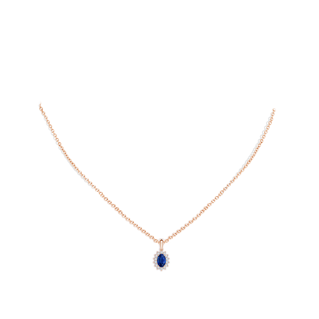6x4mm AAA Oval Sapphire Pendant with Floral Diamond Halo in 10K Rose Gold pen