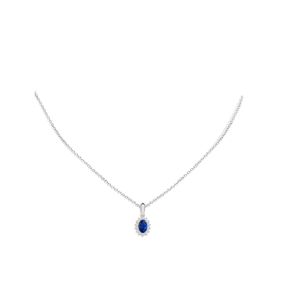6x4mm AAA Oval Sapphire Pendant with Floral Diamond Halo in P950 Platinum pen