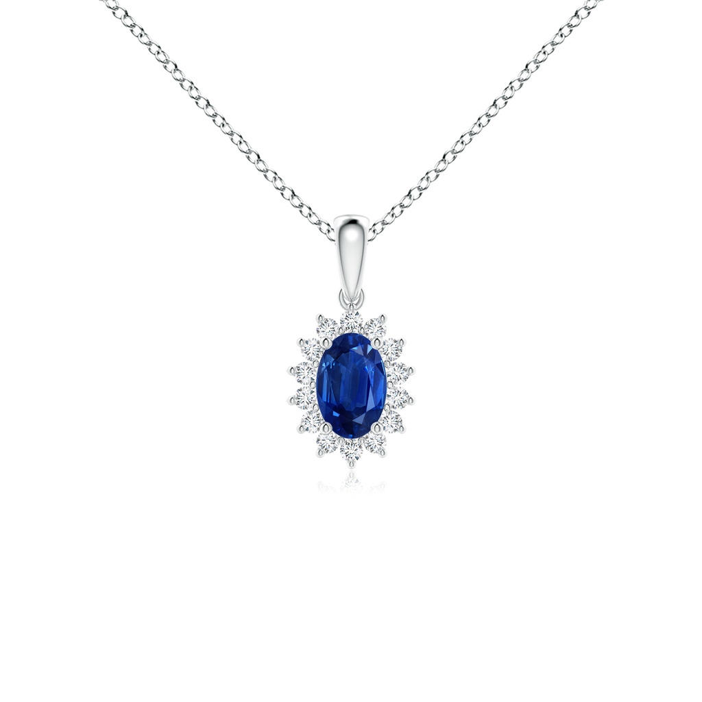 6x4mm AAA Oval Sapphire Pendant with Floral Diamond Halo in White Gold 