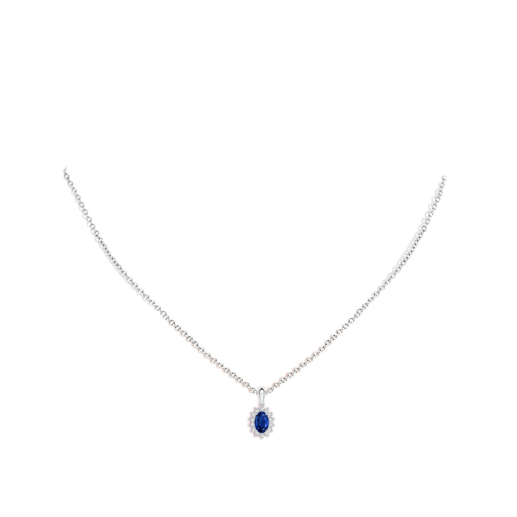6x4mm AAA Oval Sapphire Pendant with Floral Diamond Halo in White Gold pen