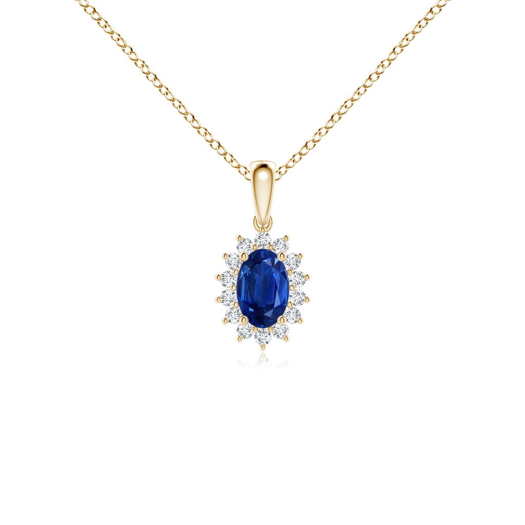 6x4mm AAA Oval Sapphire Pendant with Floral Diamond Halo in Yellow Gold