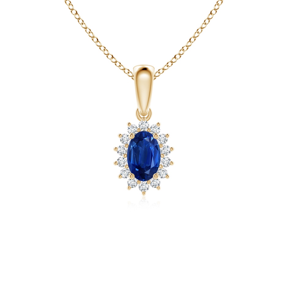 6x4mm AAA Oval Sapphire Pendant with Floral Diamond Halo in Yellow Gold 