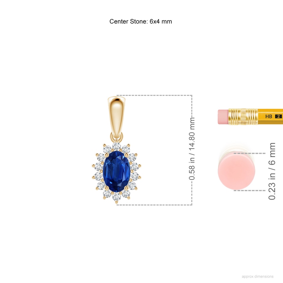 6x4mm AAA Oval Sapphire Pendant with Floral Diamond Halo in Yellow Gold ruler