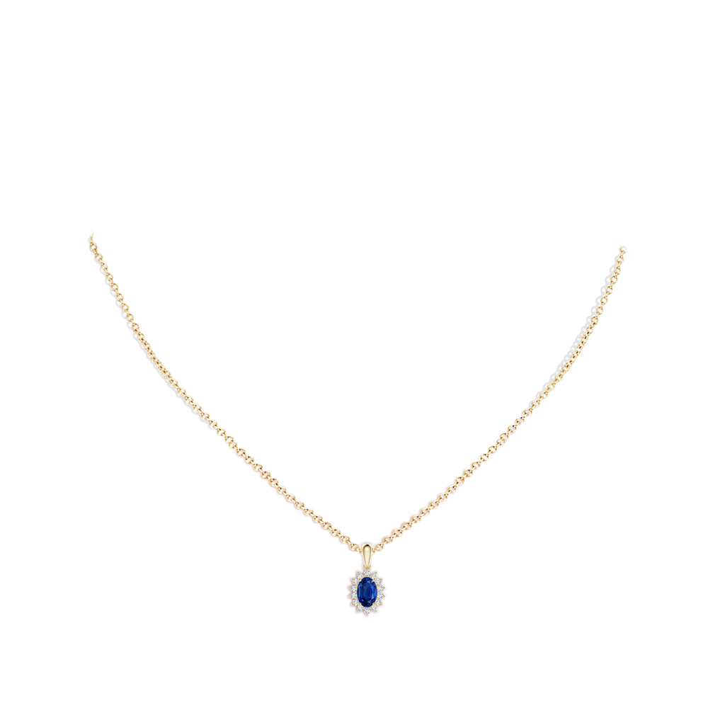 6x4mm AAA Oval Sapphire Pendant with Floral Diamond Halo in Yellow Gold pen