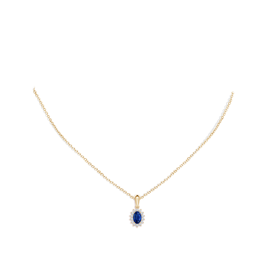 6x4mm AAA Oval Sapphire Pendant with Floral Diamond Halo in Yellow Gold pen