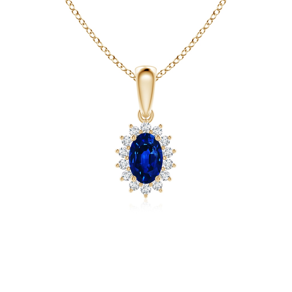 6x4mm AAAA Oval Sapphire Pendant with Floral Diamond Halo in 18K Yellow Gold