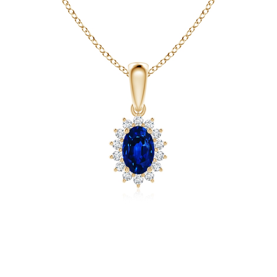 6x4mm AAAA Oval Sapphire Pendant with Floral Diamond Halo in 18K Yellow Gold 