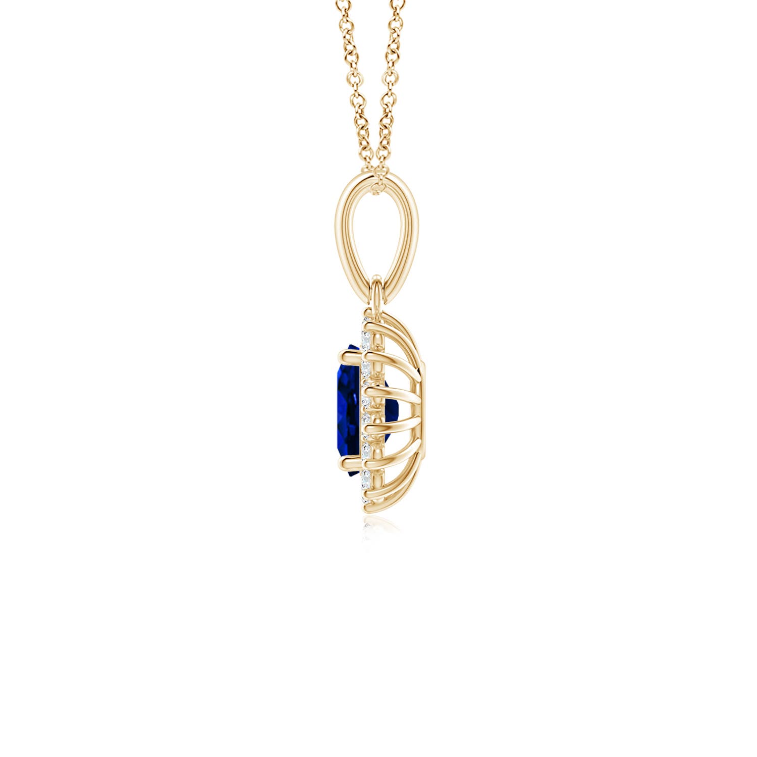 6x4mm AAAA Oval Sapphire Pendant with Floral Diamond Halo in 18K Yellow Gold - side 3