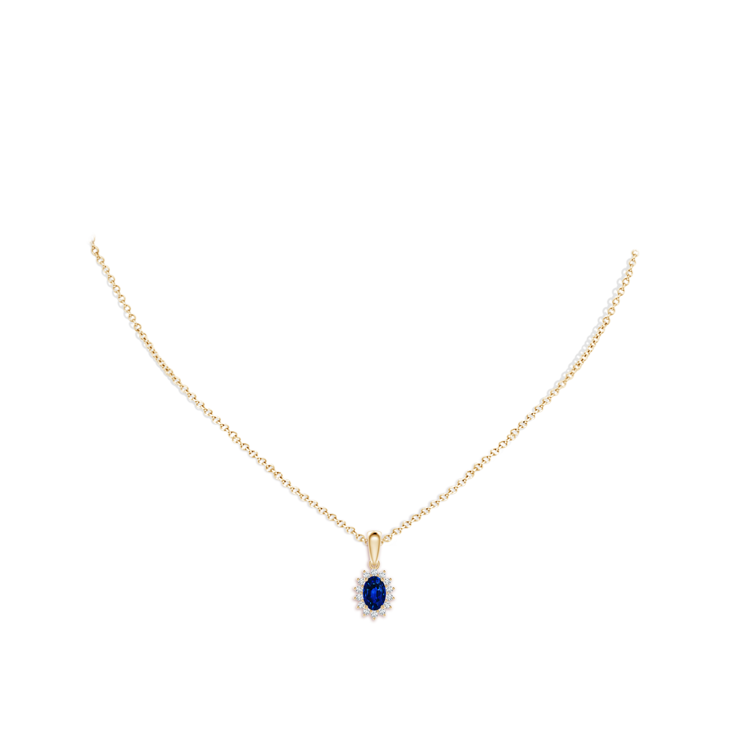 6x4mm AAAA Oval Sapphire Pendant with Floral Diamond Halo in 18K Yellow Gold - body_neck