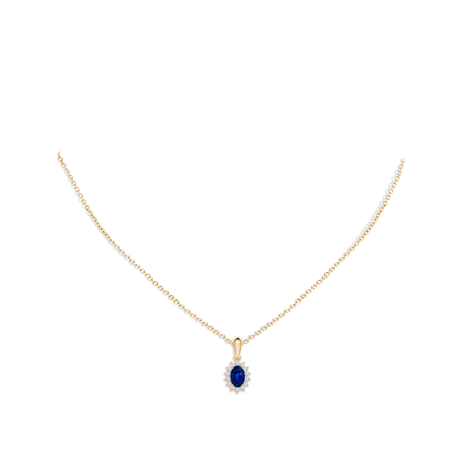 6x4mm AAAA Oval Sapphire Pendant with Floral Diamond Halo in 18K Yellow Gold pen