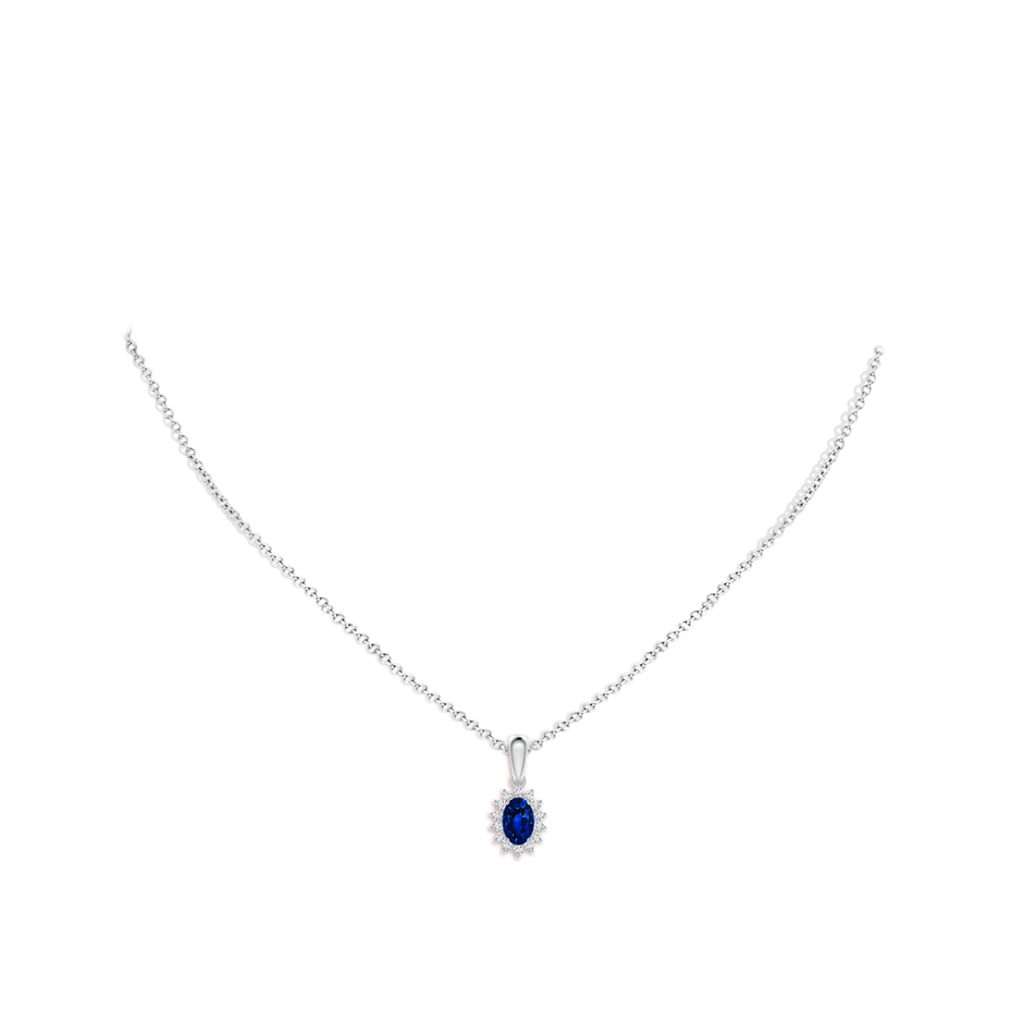 6x4mm AAAA Oval Sapphire Pendant with Floral Diamond Halo in P950 Platinum pen