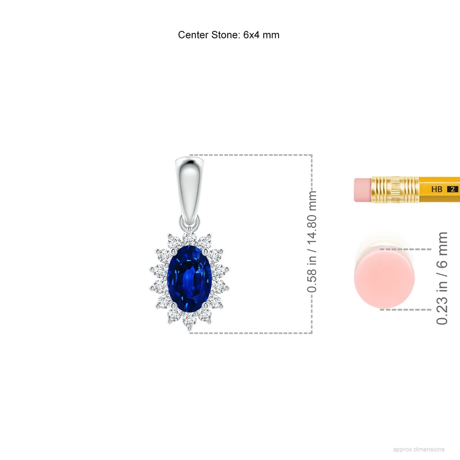 6x4mm AAAA Oval Sapphire Pendant with Floral Diamond Halo in White Gold ruler