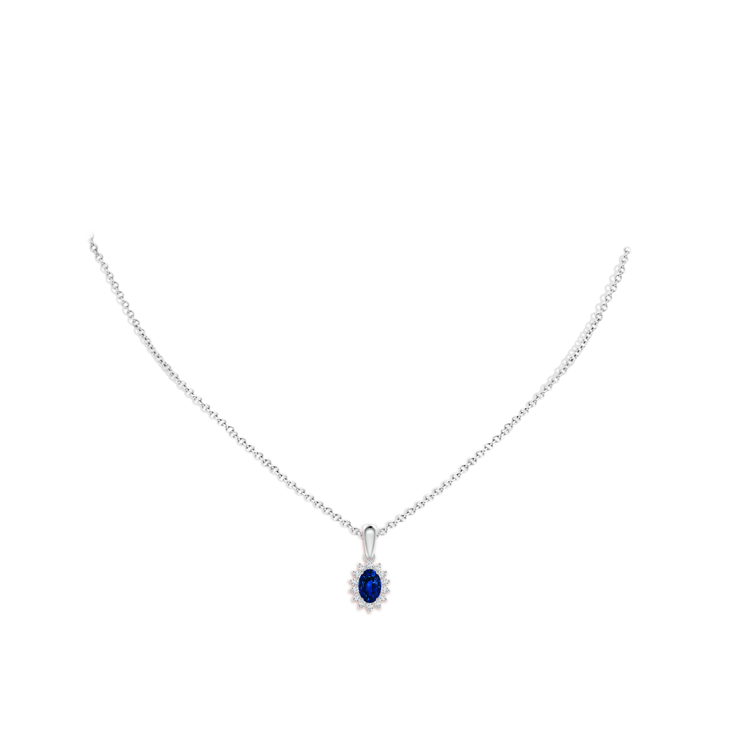 6x4mm AAAA Oval Sapphire Pendant with Floral Diamond Halo in White Gold - body_neck