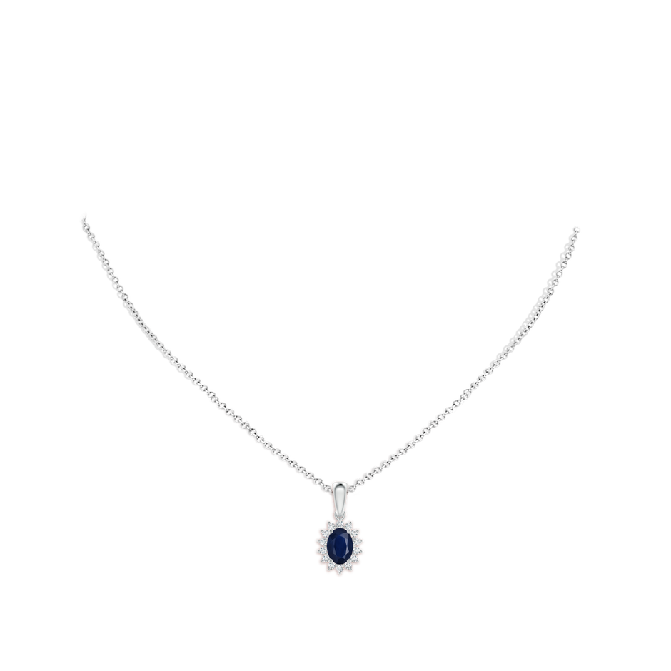 7x5mm A Oval Sapphire Pendant with Floral Diamond Halo in White Gold pen