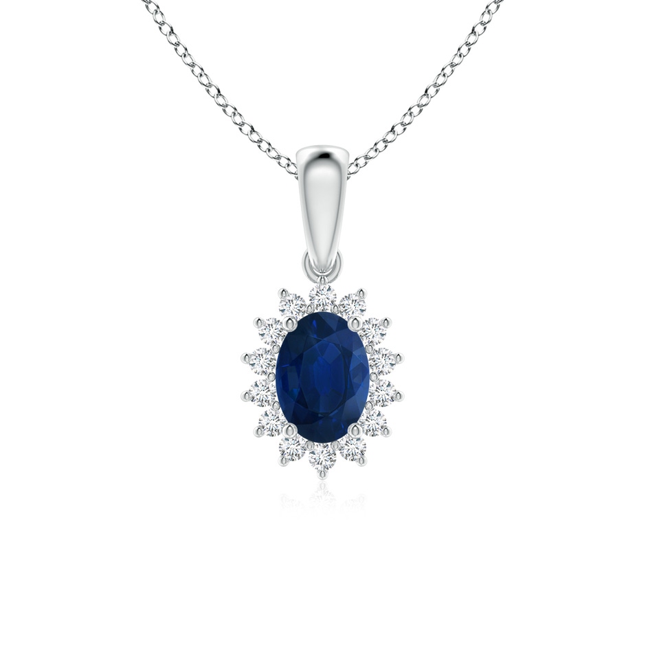 7x5mm AA Oval Sapphire Pendant with Floral Diamond Halo in White Gold 