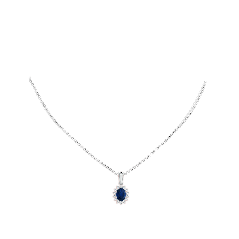 7x5mm AA Oval Sapphire Pendant with Floral Diamond Halo in White Gold pen