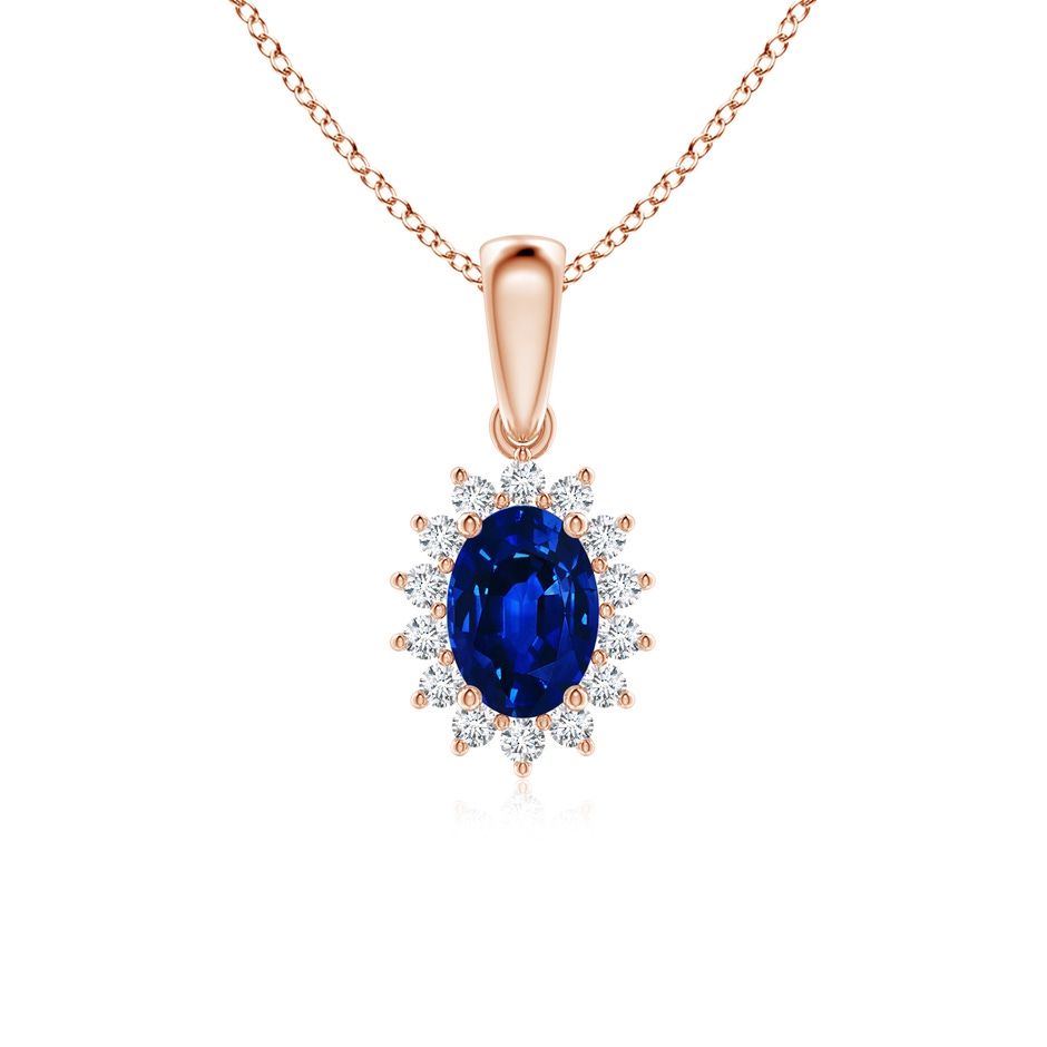 7x5mm AAAA Oval Sapphire Pendant with Floral Diamond Halo in 9K Rose Gold 