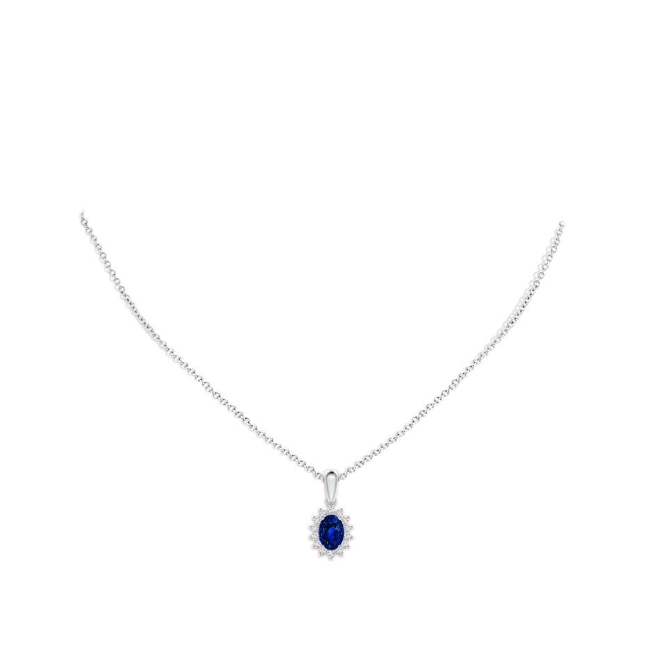 7x5mm AAAA Oval Sapphire Pendant with Floral Diamond Halo in P950 Platinum pen