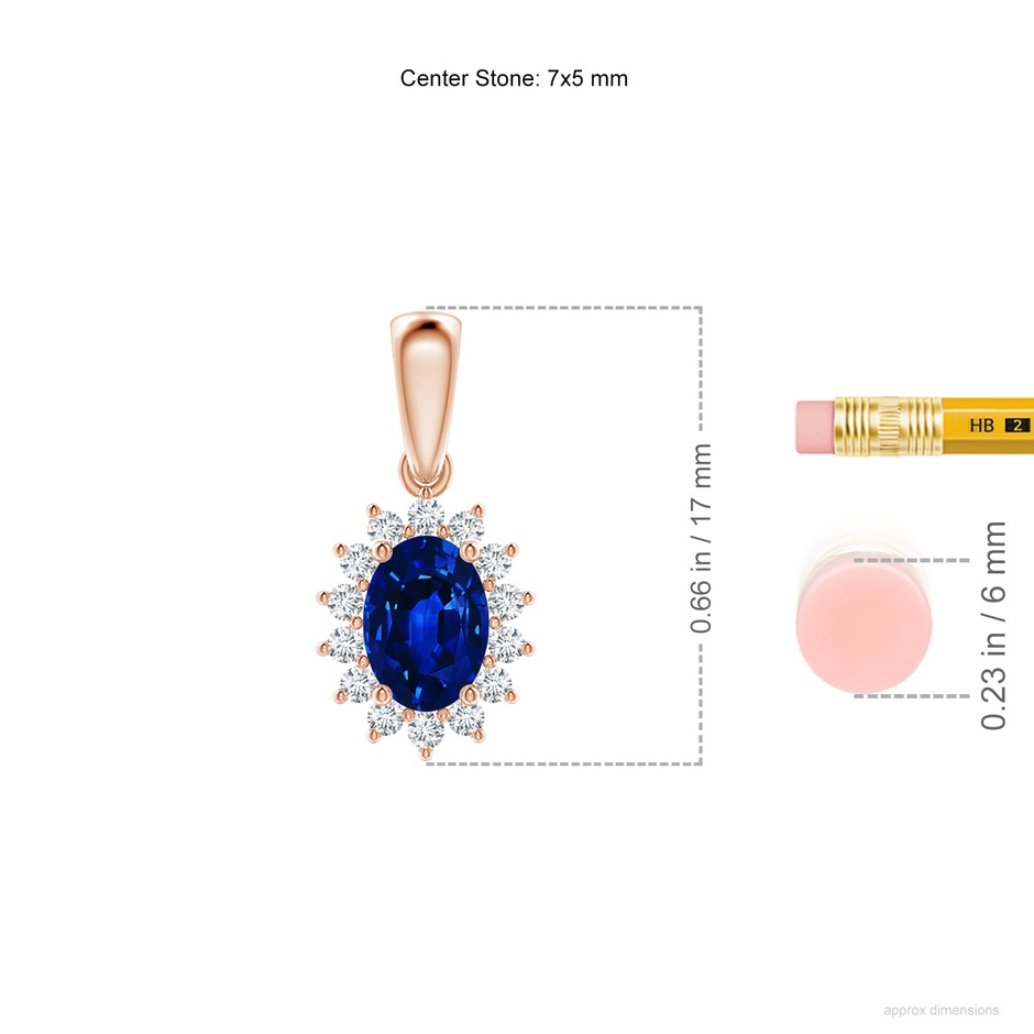 7x5mm AAAA Oval Sapphire Pendant with Floral Diamond Halo in Rose Gold ruler