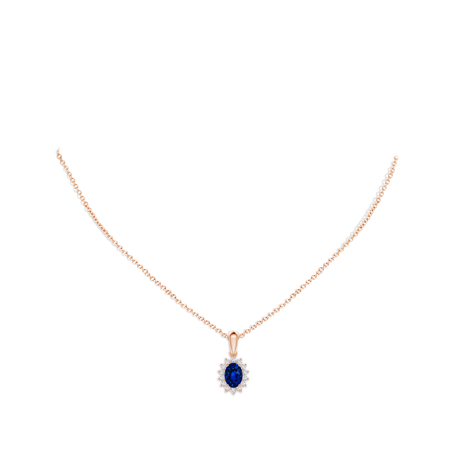 7x5mm AAAA Oval Sapphire Pendant with Floral Diamond Halo in Rose Gold pen
